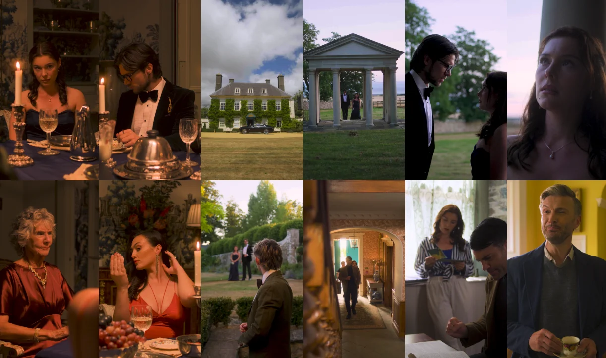 Collage of Murder at Macintosh Manor filming stills featuring dinner scenes, manor grounds and cast in costume